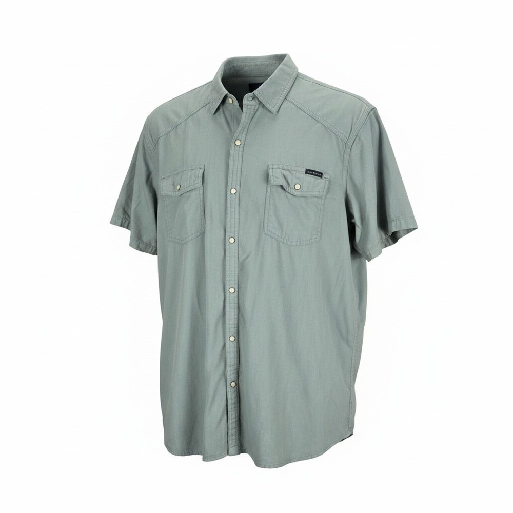 Lucky Brand Mens XL Green Short Sleeve Pearl Snap Western Shirt Washed & Worn